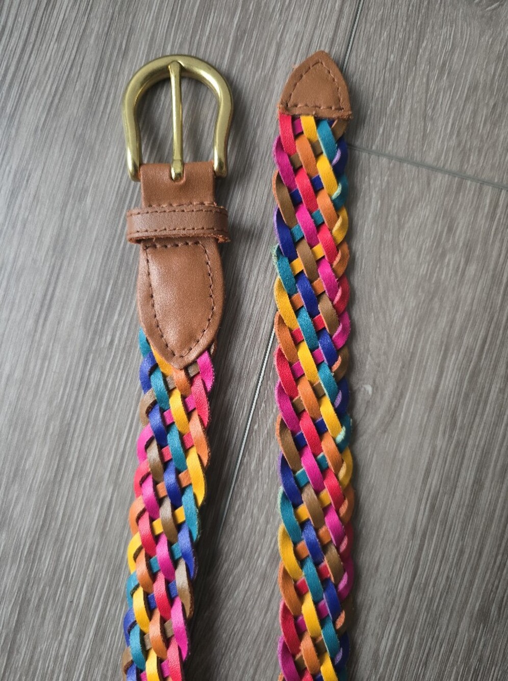 Vintage Rainbow Braided Leather Belt Multicolor Woven Boho Brass Buckle Womens M